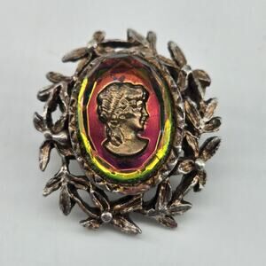 Vtg Estate Watermelon Intaglio Glasd Cameo Reverse Etched Oval Pendant Brooch